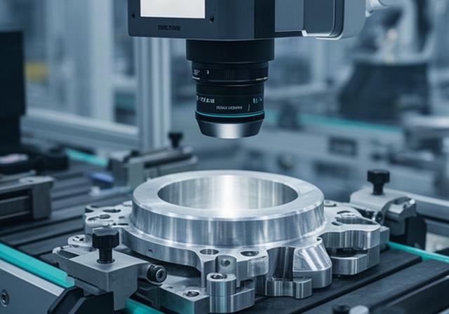 Kamera prüft ein Metallbauteil auf Oberflächenfehler an einer Produktionslinie