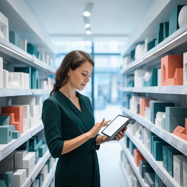 Handelsmanagerin prüft Absatzdaten auf einem Tablet zwischen Regalen eines modernen Schweizer Einzelhandelsgeschäfts