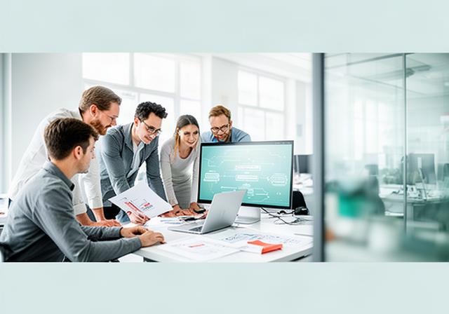 Team in einem hellen Schweizer Büro prüft einen digitalen Verwaltungsprozess mit KI-gestützten Arbeitsschritten