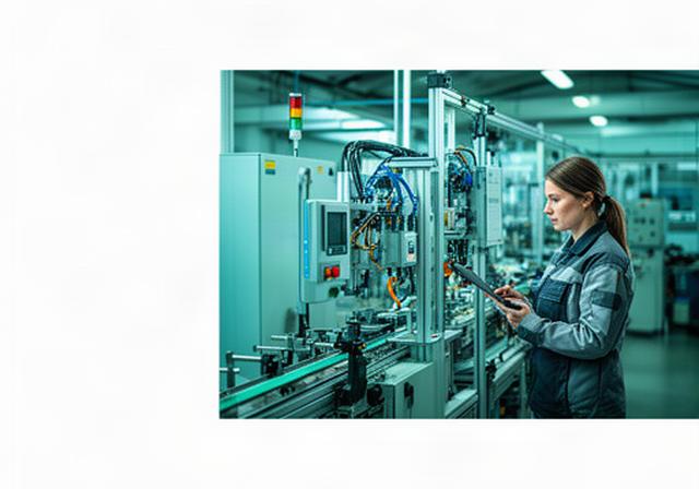 Produktionsmitarbeiterin prüft eine moderne Fertigungsanlage mit Sensorik in einem Industriebetrieb in Basel-Landschaft